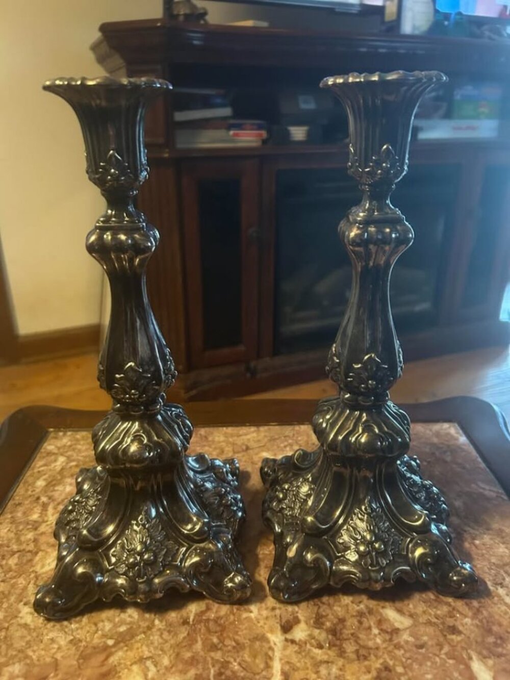 PAIR of Ornate Baroque-Style Silver-Plate Candlesticks